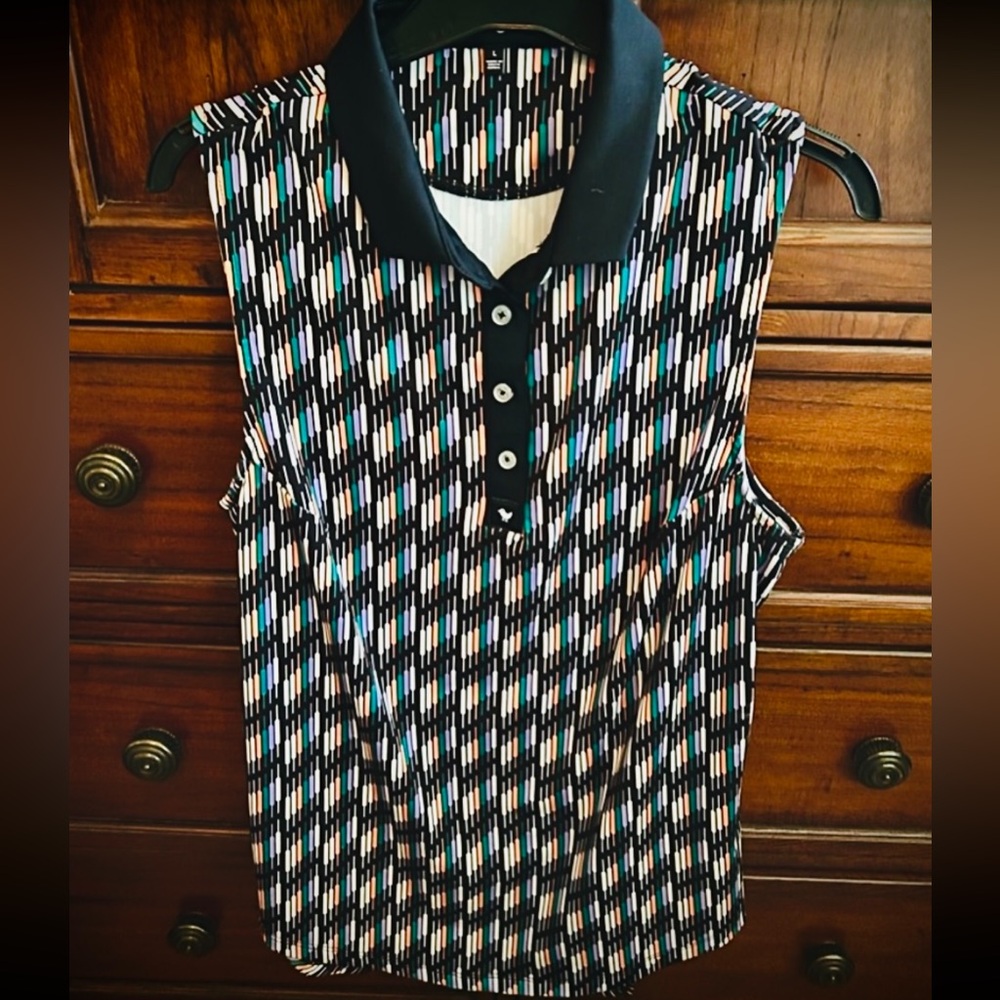 NWOT *SALE* Bad Birdie Geometric Shapes Black Multicolor Sleeveless Golf Polo
